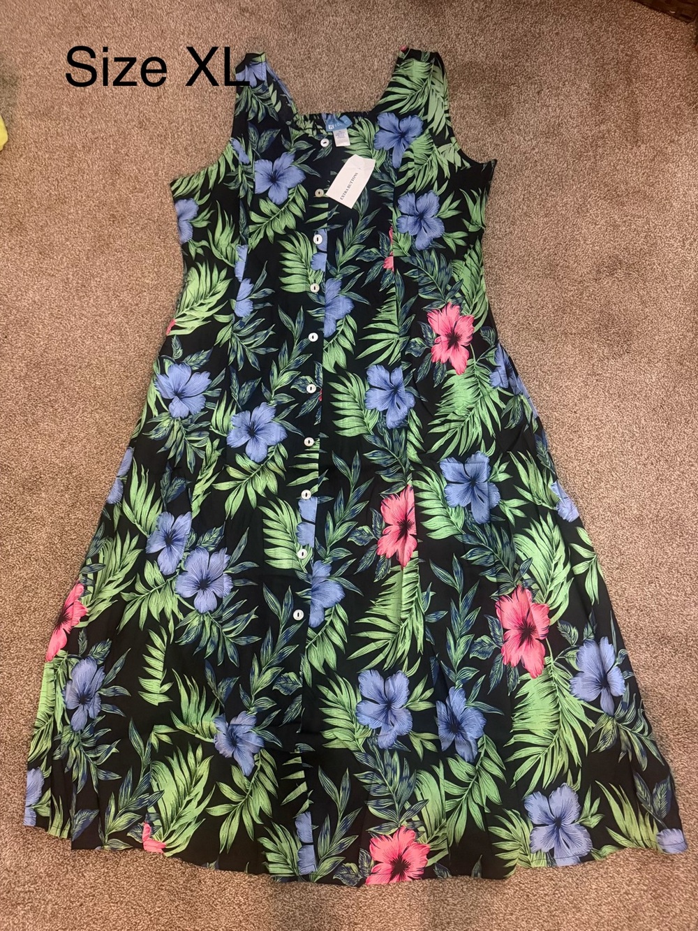 Tropical Floral Button-Front Maxi Dress - Black with Blue & Pink Flowers